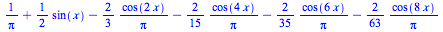 `+`(`/`(1, `*`(Pi)), `*`(`/`(1, 2), `*`(sin(x))), `-`(`/`(`*`(`/`(2, 3), `*`(cos(`+`(`*`(2, `*`(x)))))), `*`(Pi))), `-`(`/`(`*`(`/`(2, 15), `*`(cos(`+`(`*`(4, `*`(x)))))), `*`(Pi))), `-`(`/`(`*`(`/`(2...