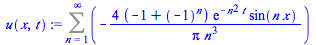 Sum(`+`(`-`(`/`(`*`(4, `*`(`+`(`-`(1), `^`(-1, n)), `*`(exp(`+`(`-`(`*`(`^`(n, 2), `*`(t))))), `*`(sin(`*`(n, `*`(x))))))), `*`(Pi, `*`(`^`(n, 3)))))), n = 1 .. infinity)