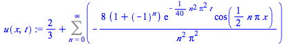 `+`(`/`(2, 3), Sum(`+`(`-`(`/`(`*`(8, `*`(`+`(1, `^`(-1, n)), `*`(exp(`+`(`-`(`*`(`/`(1, 40), `*`(`^`(n, 2), `*`(`^`(Pi, 2), `*`(t))))))), `*`(cos(`+`(`*`(`/`(1, 2), `*`(n, `*`(Pi, `*`(x)))))))))), `*...