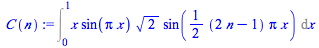 Int(`*`(x, `*`(sin(`*`(Pi, `*`(x))), `*`(`^`(2, `/`(1, 2)), `*`(sin(`+`(`*`(`/`(1, 2), `*`(`+`(`*`(2, `*`(n)), `-`(1)), `*`(Pi, `*`(x)))))))))), x = 0 .. 1)