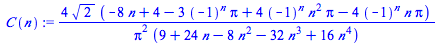 `+`(`/`(`*`(4, `*`(`^`(2, `/`(1, 2)), `*`(`+`(`-`(`*`(8, `*`(n))), 4, `-`(`*`(3, `*`(`^`(-1, n), `*`(Pi)))), `*`(4, `*`(`^`(-1, n), `*`(`^`(n, 2), `*`(Pi)))), `-`(`*`(4, `*`(`^`(-1, n), `*`(n, `*`(Pi)...