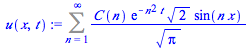 Sum(`/`(`*`(C(n), `*`(exp(`+`(`-`(`*`(`^`(n, 2), `*`(t))))), `*`(`^`(2, `/`(1, 2)), `*`(sin(`*`(n, `*`(x))))))), `*`(`^`(Pi, `/`(1, 2)))), n = 1 .. infinity)